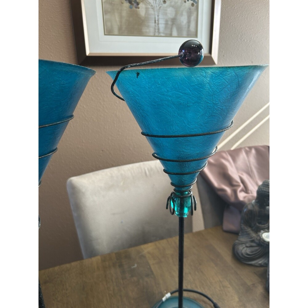 Set of 2 Vintage,  Teal Martini Glass Lamps, MCM Style.  Fiberglass Shades 18” - Picture 6 of 9